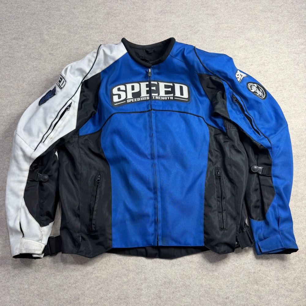 Speed and Strength Top Dead Center Motorcycle Jacket Blue Black White Size L